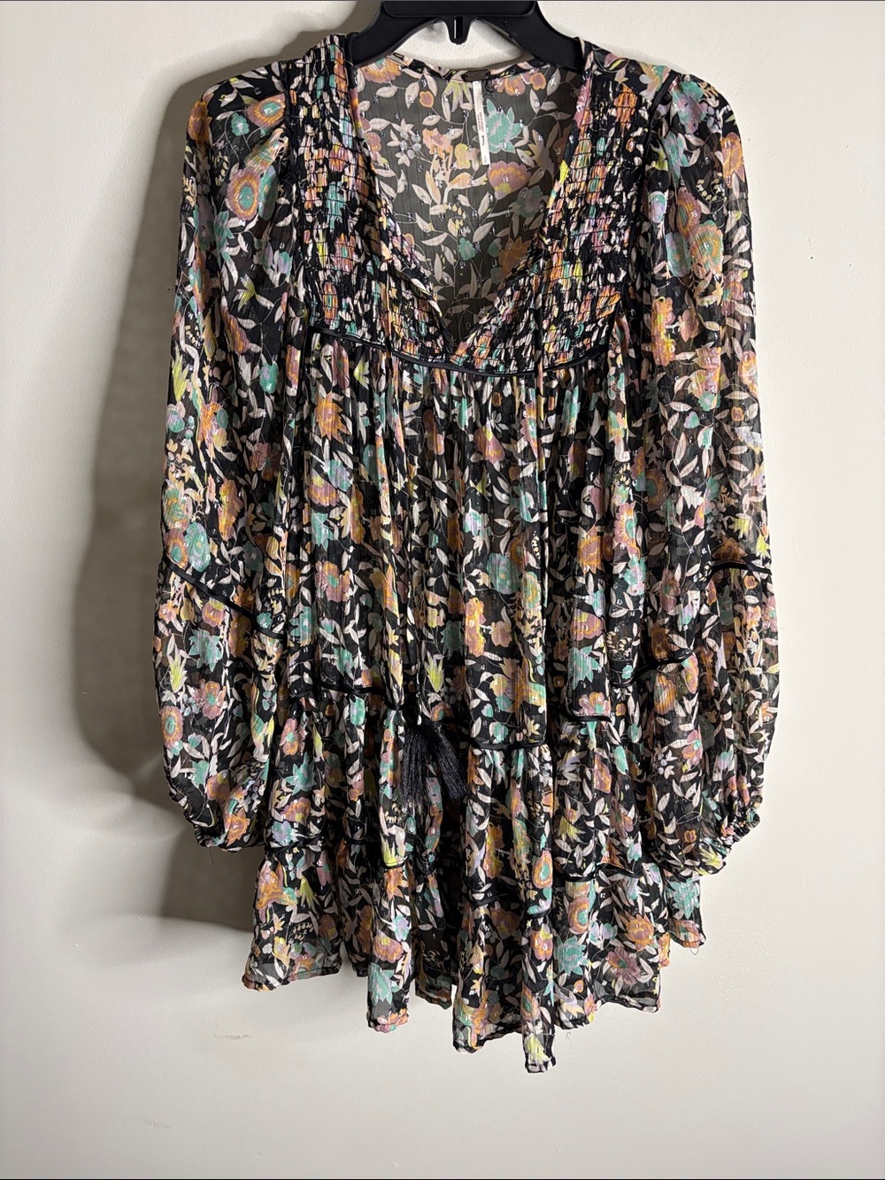 Free People Black Floral V-Neck Smocked Tunic with Multicolor Print